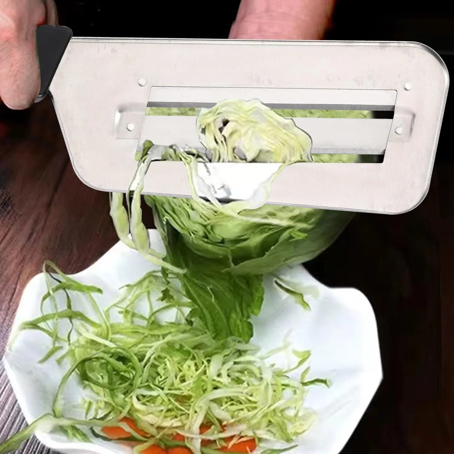 Double Blade Cabbage Chopper Knife – shredding lettuce over a bowl