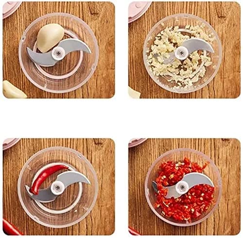 Mini Electric Garlic Chopper (USB) – the blade in the bowl with garlic and chilli, before and after chopping