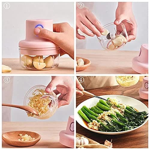 Mini Electric Garlic Chopper (USB) – adding garlic, chopping, and spooning it onto a dish