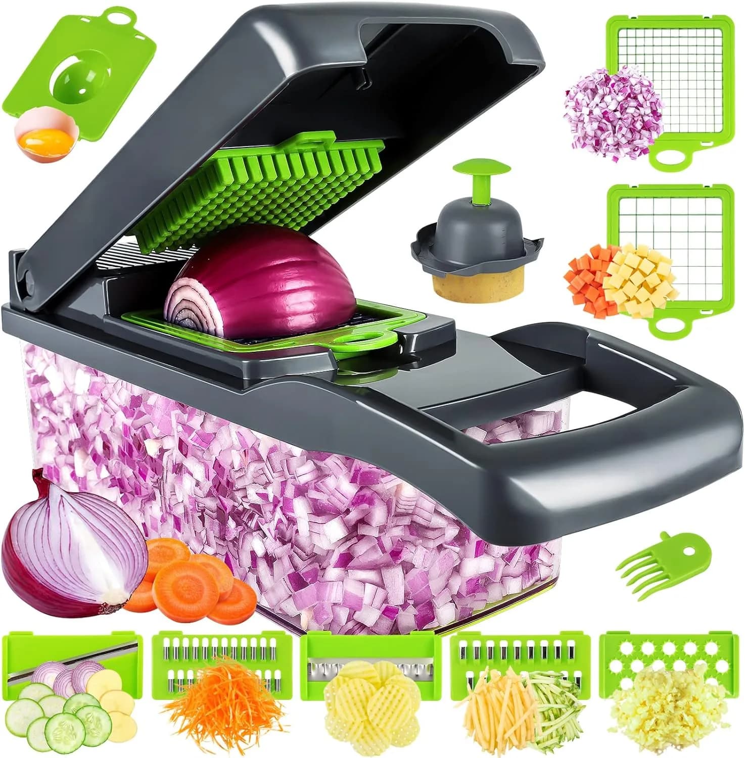 Multi-blade vegetable chopper with container and interchangeable blades