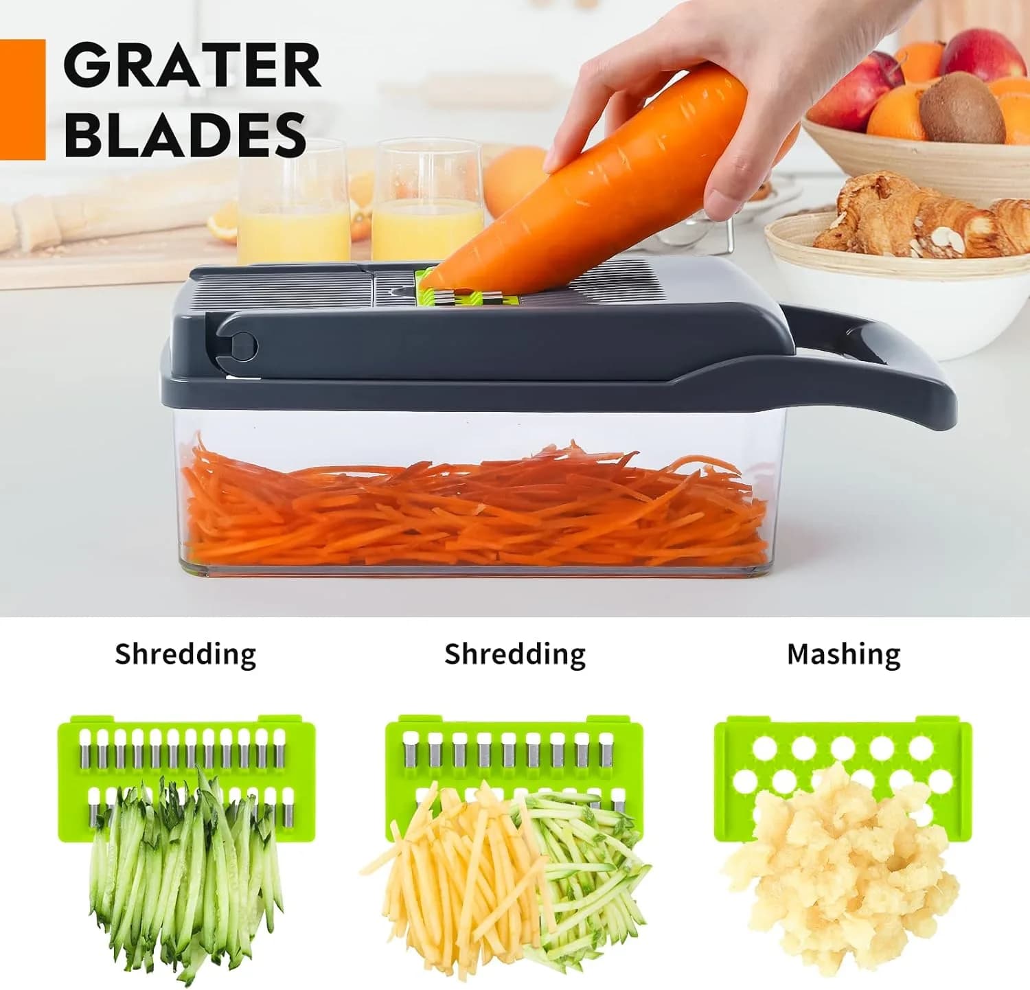 Multi-Blade Vegetable Chopper with Container – grating a carrot, with the shredding and mashing inserts
