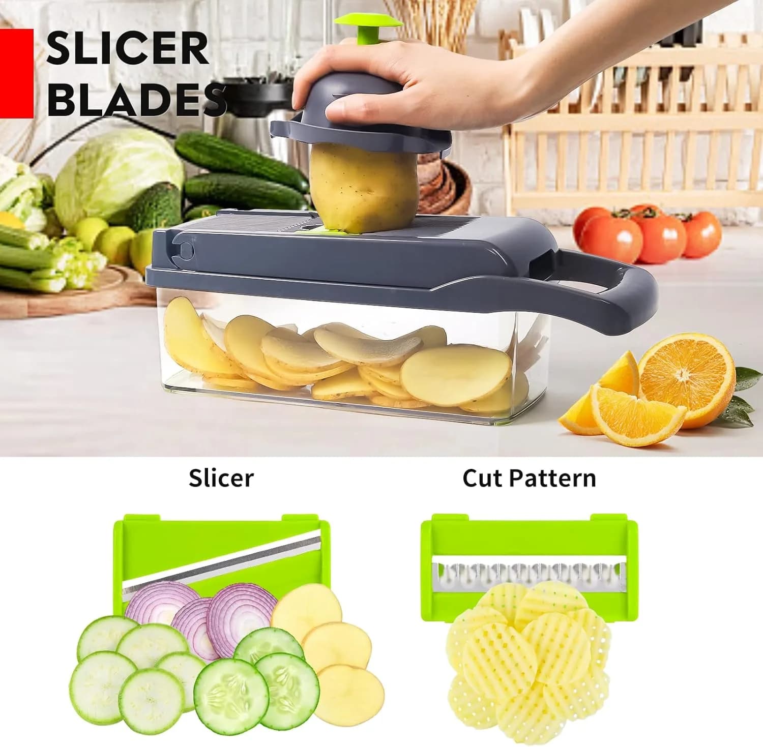 Multi-Blade Vegetable Chopper with Container – slicing a potato, with the slicer and wavy-cut inserts