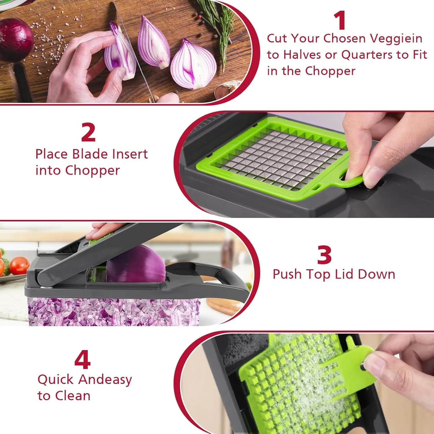 Multi-Blade Vegetable Chopper with Container – four steps: cut, fit the blade, press the lid, clean