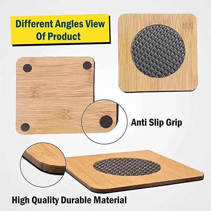 Square Bamboo Hot Pot Holder (Pack of 4) – front, back and edge views with the anti-slip pads