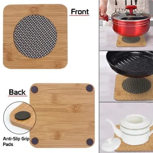Square Bamboo Hot Pot Holder (Pack of 4) – front and back, and under a pan, a kadhai and a teapot