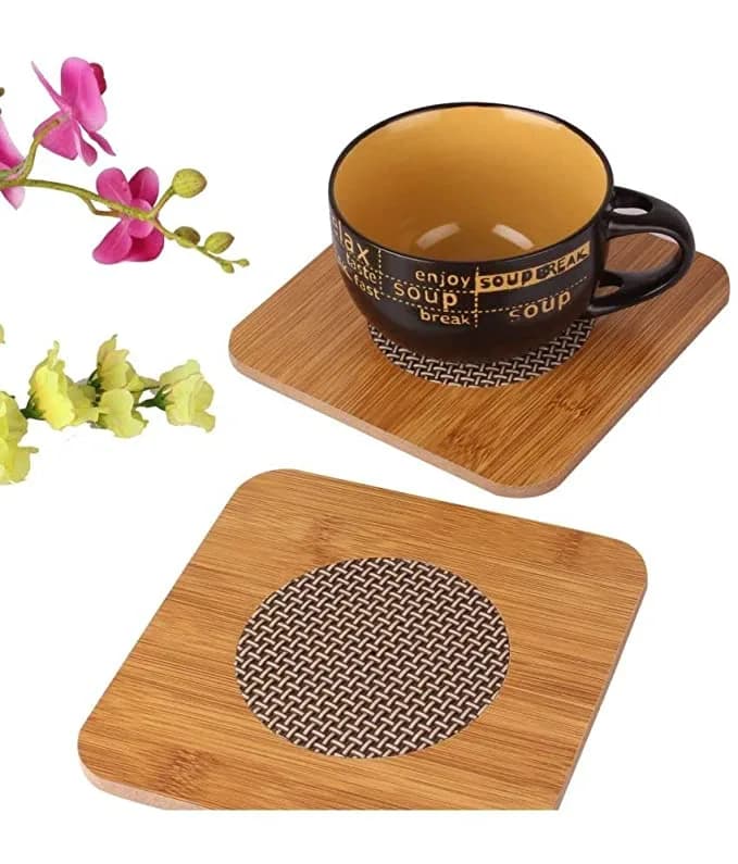 Square Bamboo Hot Pot Holder (Pack of 4) – under a soup cup