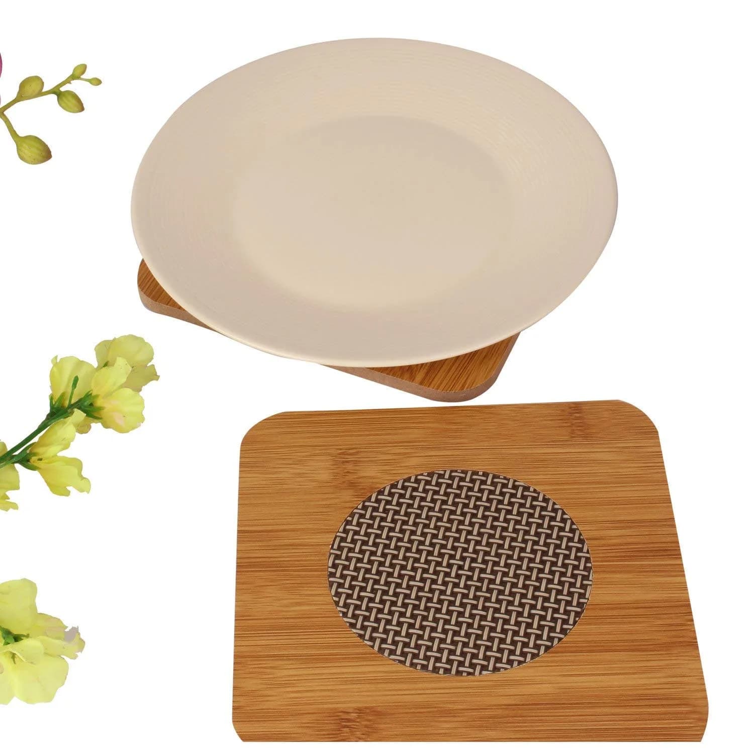 Square Bamboo Hot Pot Holder (Pack of 4) – under a plate
